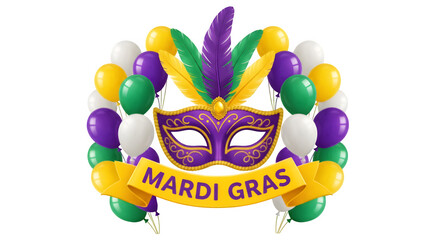 Mardi gras mask isolated on transparent background with colorful balloons