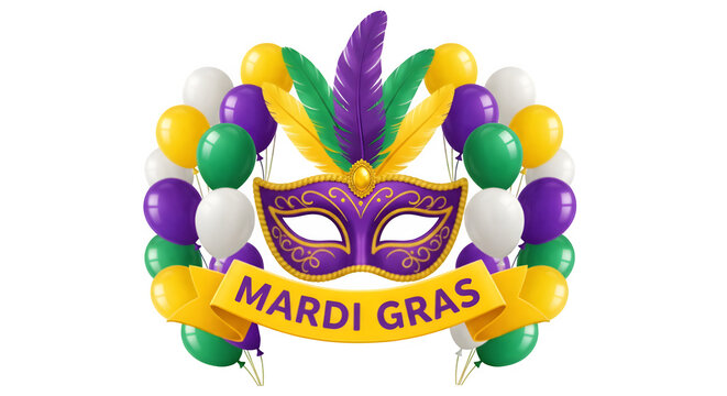 Mardi gras mask isolated on transparent background with colorful balloons