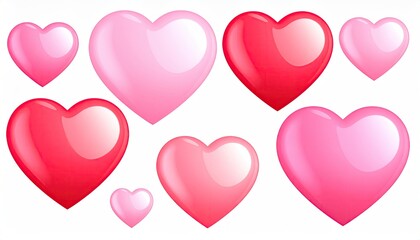 Collection of Shiny 3D Hearts in Pink and Red Colors.