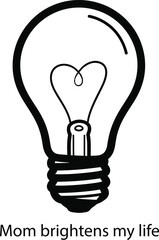 Black and white illustration of a lightbulb with a heart filament and text vector