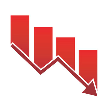 Red downward arrow vector icon showing decrease, loss, and negative trend. Isolated financial graph symbol suitable for business, finance, analytics, and market decline concepts.