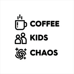 Black line art icons for coffee kids and chaos on white symbol