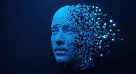 Obraz premium Blue human face with digital pixels flying off into space