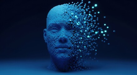 Obraz premium Blue human face with digital pixels flying off into cyberspace
