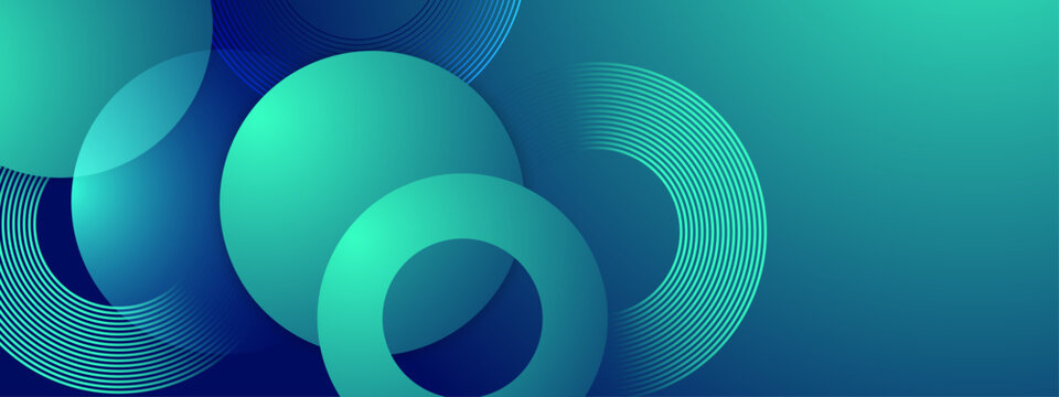 Calm teal and navy blue background with floating circular rings and minimalist geometric composition