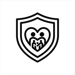 Black outline shield with heart and family figures inside love protection