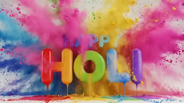 Happy holi colorful paint splash typography animation with vibrant liquid letters on clean background showing indian festival culture joy emotion festive greeting