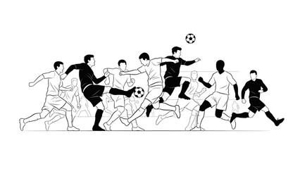 Illustration of a group of soccer players in black and white running and kicking a ball in various poses against a plain white background. © Langit