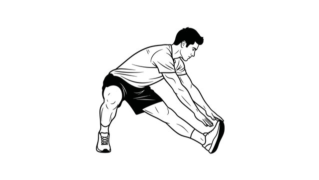 Line drawing of a man stretching his hamstring with one leg bent behind him on a plain white background.