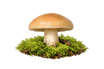 Wild mushroom growing on moss and bark in forest, featuring natural organic fungus against transparent background