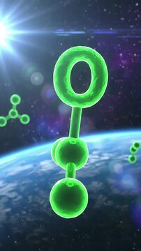 Green Screen opaque covalent bond between three ozone molecules o3 particles floating around in the layer scene 2 with distortion, overlay, glitch, static noise, scan lines on black background, 4k