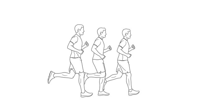 Line drawing of three men running in a row with athletic wear on a white background.