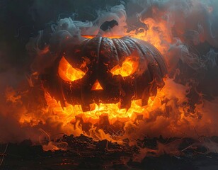 Burning jack o lantern glowing from within thick smoke with intense fiery light and dark cinematic Halloween mood