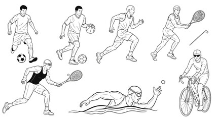 Line drawing illustrations of eight athletes playing various sports on a white background with a simple black line art style. © Langit