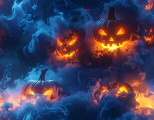 Group of glowing jack o lanterns emerging from blue smoke with eerie fantasy lighting and spooky seasonal mood