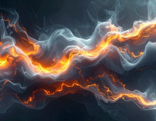 Abstract stream of molten fire and pale smoke intertwining with fluid motion and high contrast energy