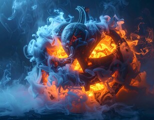 Glowing jack o lantern carved pumpkin surrounded by blue smoke and orange fire with a dark mystical fantasy mood