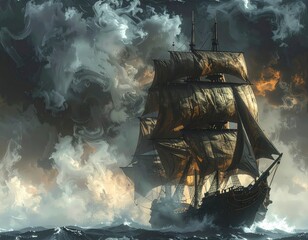 Majestic tall ship sailing through smoky seas with golden light breaking the darkness in a cinematic fantasy mood