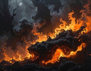 Burning dark landscape with rolling fire and thick smoke under a dramatic night sky creating an intense fantasy scene