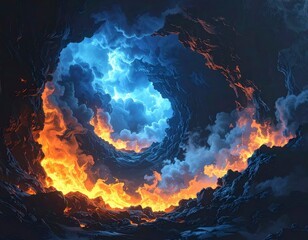 Molten fire ring inside a cavern with swirling smoke and cool blue light creating a dramatic fantasy environment