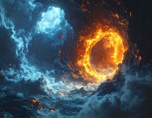 Dual elemental portals of fire and ice colliding inside a smoky cavern in an epic surreal fantasy scene