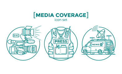 Media Coverage of Unrest Icon Set - Press Camera and Journalist Vest Vector Silhouettes