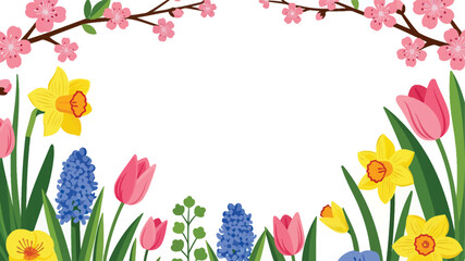 Vibrant spring flowers border with cherry blossoms and tulips