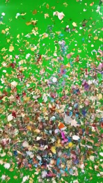 Green Screen confetti party popper explosions on a background two options 3d animation 4k scene 2 with distortion, overlay, glitch, static noise, scan lines black background, animated video loop