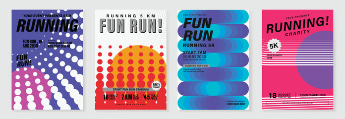 Running fun run poster vector set with bold typography, polka dots, circles and stripes on colorful backgrounds. Modern event design for charity races, marathons, banners and flyers.
