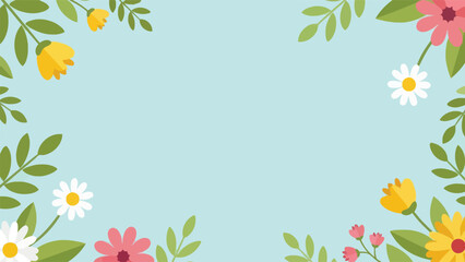 Vibrant floral border with colorful flowers on light blue background