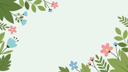 Vibrant floral border with pink and blue flowers and green leaves
