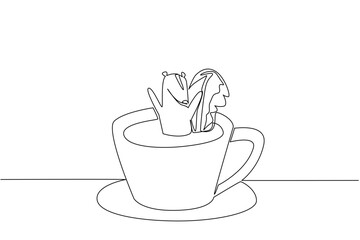 Fototapeta premium Single line drawing of cute skunk features the wild forest animal soaking in warm coffee cup for nature concept. Minimalist design represents an international coffee day theme for children events