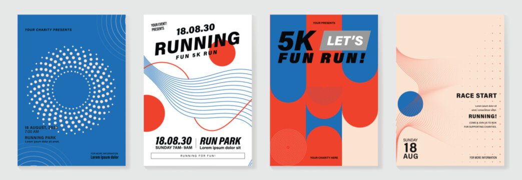 Running fun run poster vector set with bold typography, polka dots, circles and stripes on colorful backgrounds. Modern event design for charity races, marathons, banners and flyers.