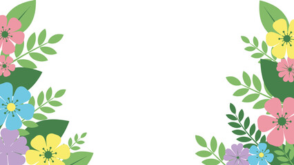 Vibrant floral border with colorful flowers and leaves on white background