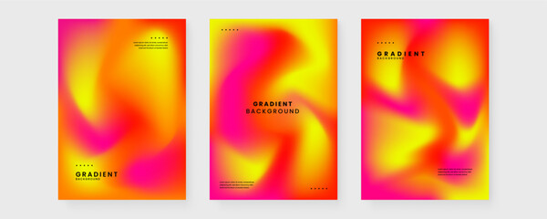 Fototapeta premium Three vertical posters showcasing intense pink and orange mesh gradients with minimalist black typography