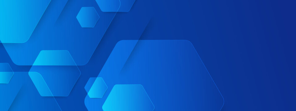 Professional blue background with transparent overlapping hexagon shapes and tech-inspired geometry