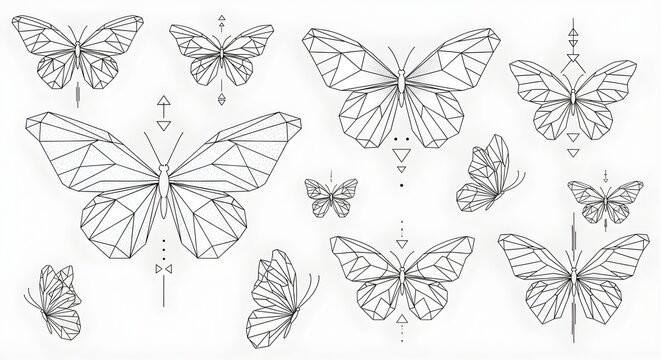 Collection of abstract butterfly tattoo patterns using geometric lines