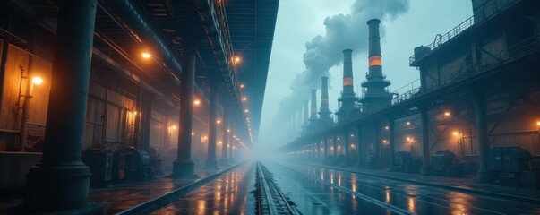 Fototapeta premium Thick, swirling steam rises continuously in a large industrial complex , vapor, background, industrial