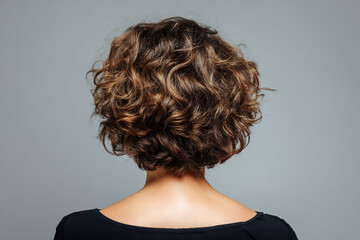 Back view of young woman with short wavy hair against neutral background