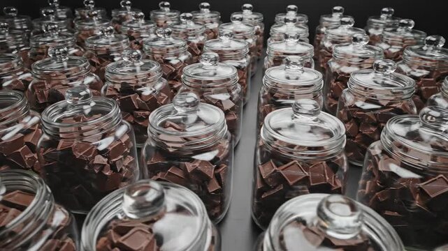 Perfect overhead tracking shot gliding slowly across a large symmetrical grid pattern of identical glass jars containing dark chocolate distribution, minimalist, order