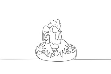 Single line drawing of adored rooster for pastry food concept shows cute animal sitting inside sparkled donut. Simple sketch fits a kids storybook cover purpose with the favorite farm bird animal pet