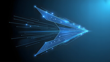 Fototapeta premium Glowing blue abstract arrow with light trails and dots on dark background
