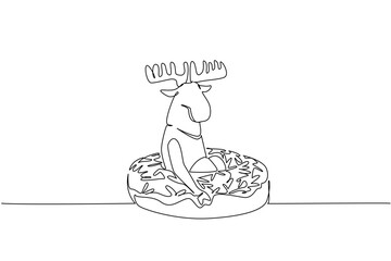 Fototapeta premium Single line drawing of cute playful moose features wild antler forest animal sitting inside glazed donut for food concept. Minimalist design of kids stationery purpose for international wildlife day