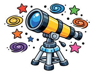Obraz premium Colorful cartoon illustration of a telescope depicting stars and galaxies for space and astronomy themes