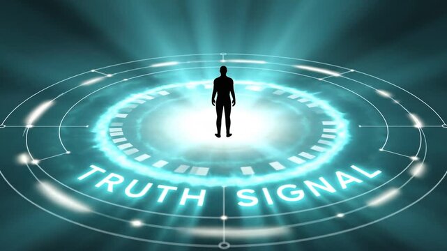 Truth Signal: A silhouette of a person stands centered within an illuminated circular symbol, radiating a message of truth in a digital landscape.