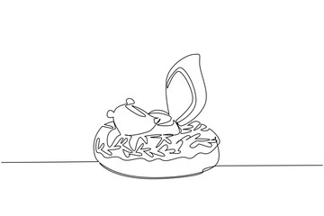 Fototapeta premium Single line drawing of fluffy tailed skunk features wild animal sitting inside glazed donut for snack food concept. Minimalist design of kids stationery purpose for rainforest wildlife day event theme