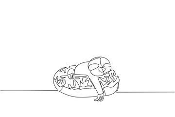 Obraz premium Single line drawing of adored sloth for pastry food concept shows cute lazy forest animal lying inside glazed donut. Simple sketch fits nursery poster purpose with favorite slow wild mammal pet animal