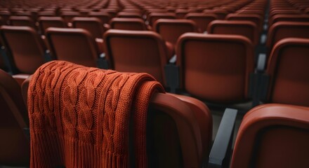 Obraz premium A sweater draped over a movie theater seat in a crowded cinema auditorium