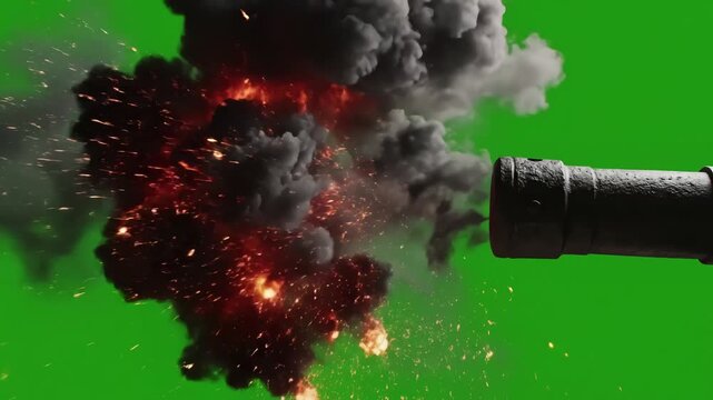 Green Screen military cannon muzzle flash three speeds 4k 25p for transparent background scene 2 with distortion, overlay, glitch, static noise, scan lines on black background, animated video loop