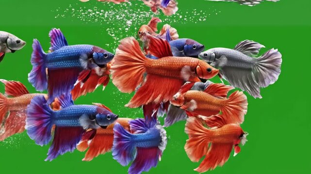 Green Screen fish animation swim video 3d underwater single and group isolated school of scene 2 with distortion, overlay, glitch, static noise, scan lines on black background, 4k animated loop